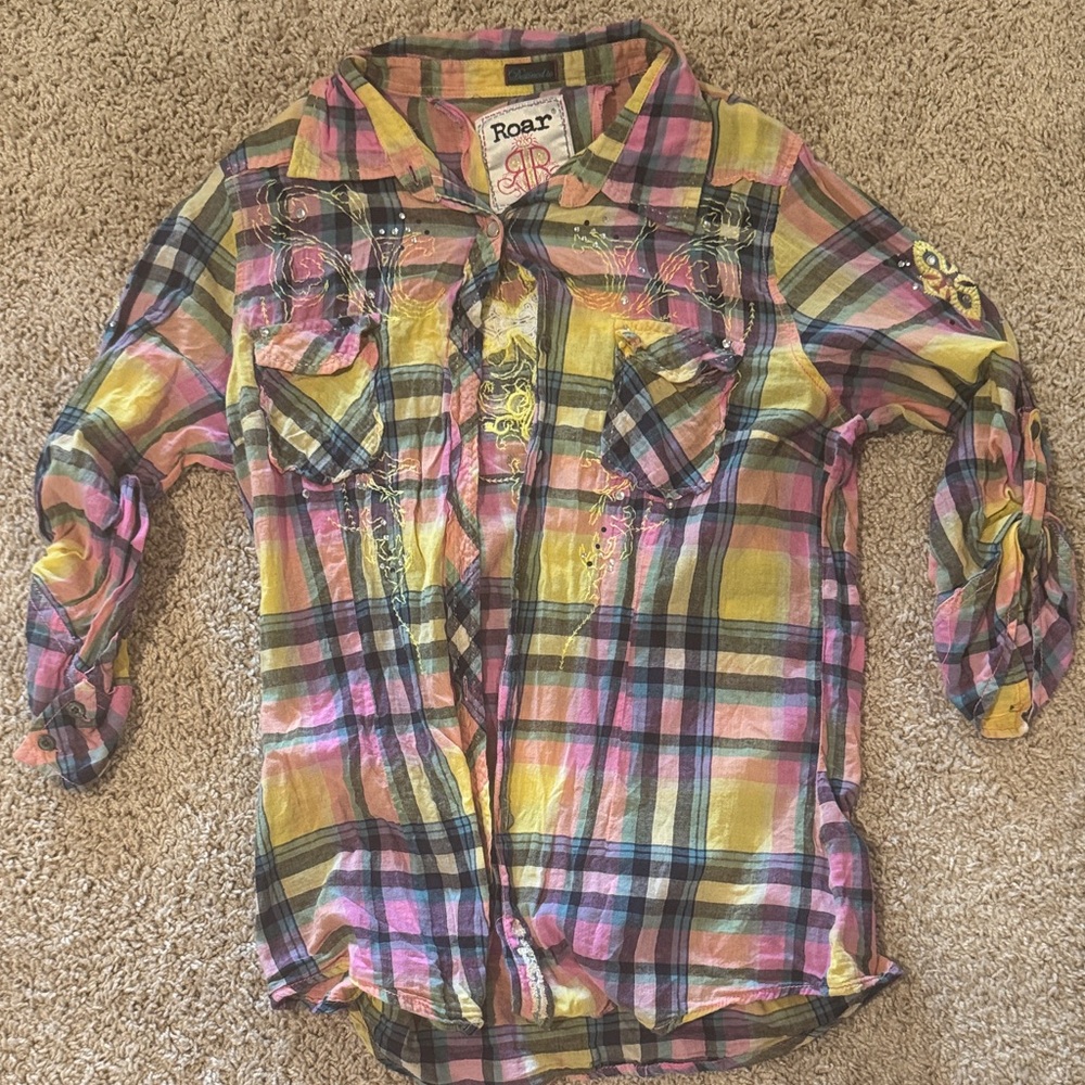 Roar Multicolor Plaid Button Down Shirt